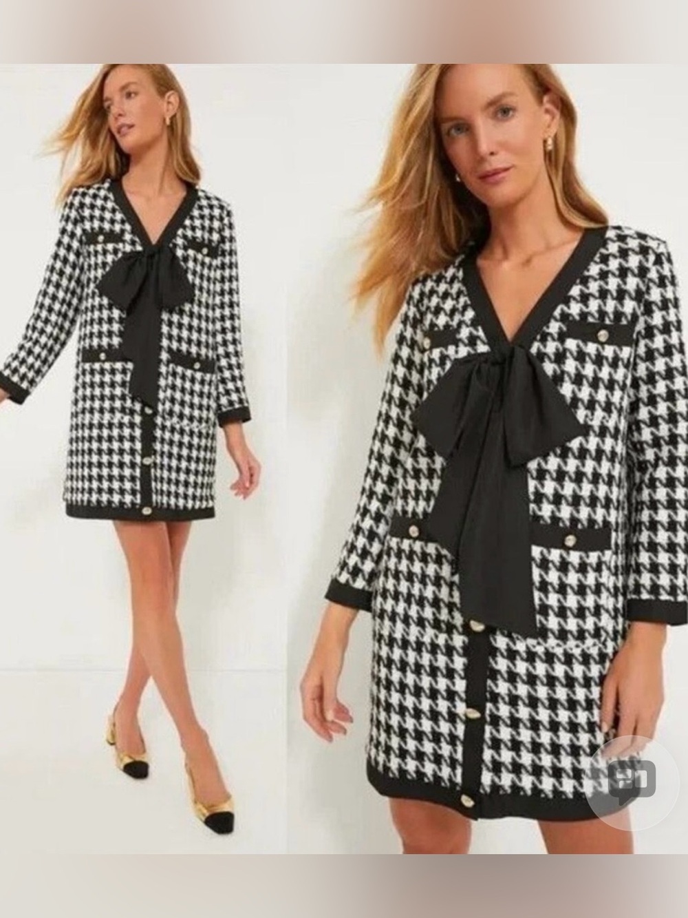 Tuckernuck Black and White Houndstooth Long-Sleeve Tie-Front Dress